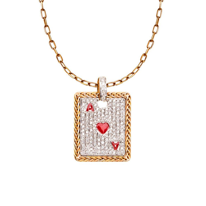 Eterna Weave Collection-Playing Cards PendantPRODUCT DESCRIPTION:
18K Gold Playing Cards Diamond Pendant (Without Chain)
STONE Diamond:
136 stones, 0.61 carat
 
Online prices are for reference only; all prices 