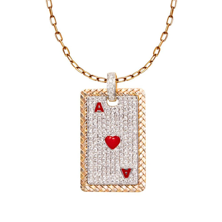 Eterna Weave Collection-Playing Cards Pendant, LargePRODUCT DESCRIPTION:
18K Gold Playing Cards Diamond Pendant (Without Chain)
STONE Diamond:
183 stones, 1.06 carat
 
Online prices are for reference only; all prices 